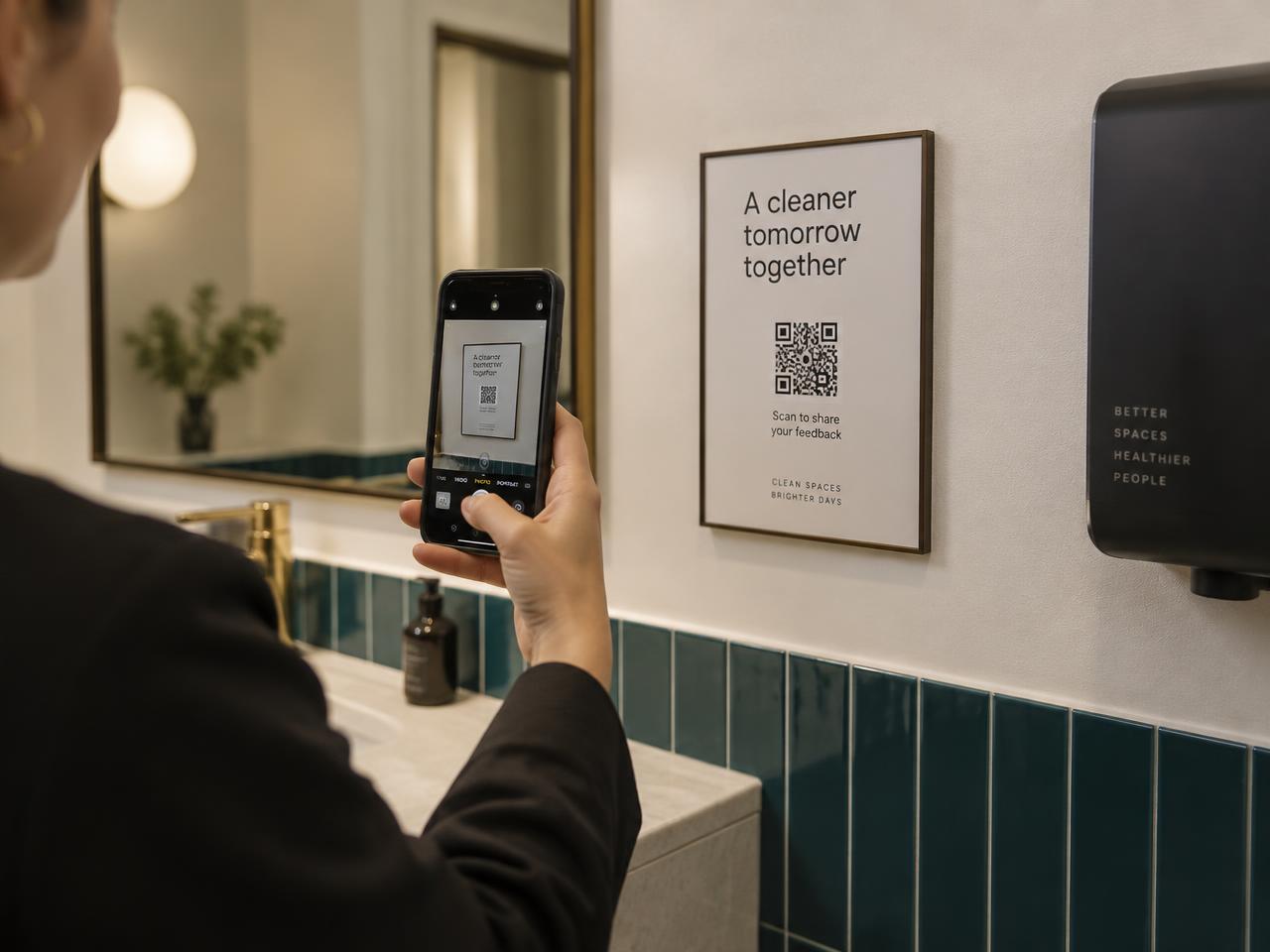 Staff member scanning a QR cleaning log sign in a restroom